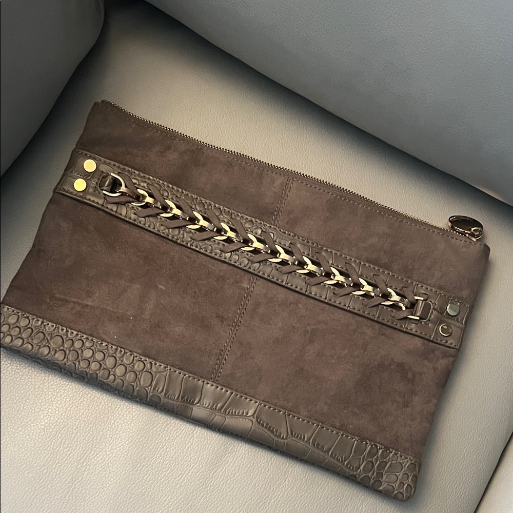 Large Neiman Marcus Brown Suede Clutch with Chain Detail